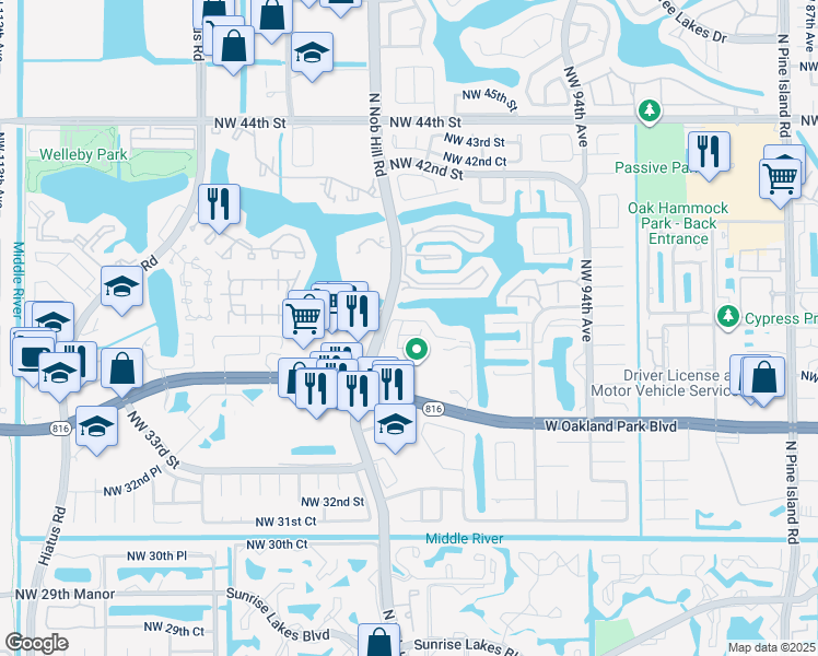 map of restaurants, bars, coffee shops, grocery stores, and more near 3639 Northwest 99th Terrace in Sunrise