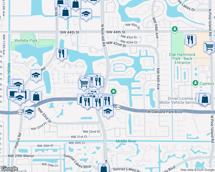 map of restaurants, bars, coffee shops, grocery stores, and more near 3639 Northwest 99th Terrace in Sunrise