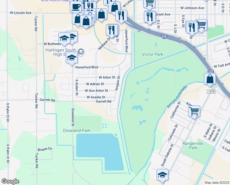 map of restaurants, bars, coffee shops, grocery stores, and more near 2013 Aragon Dr in Harlingen