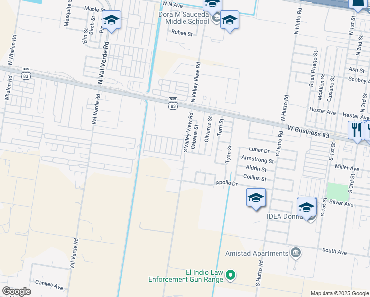 map of restaurants, bars, coffee shops, grocery stores, and more near 215 Farm to Market Road 1423 in Donna