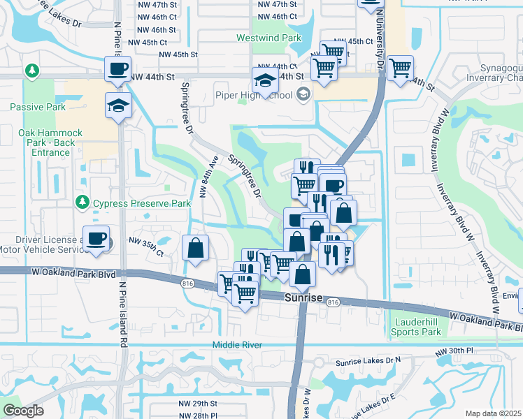 map of restaurants, bars, coffee shops, grocery stores, and more near 8254 Northwest 36th Place in Sunrise