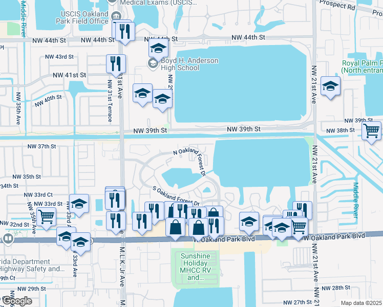 map of restaurants, bars, coffee shops, grocery stores, and more near 2890 North Oakland Forest Drive in Oakland Park