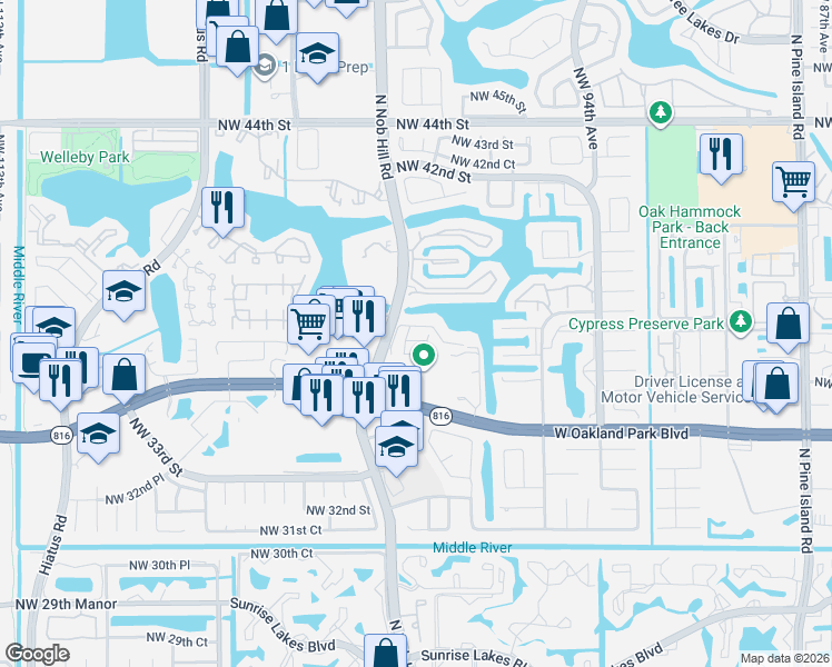 map of restaurants, bars, coffee shops, grocery stores, and more near 3639 Northwest 99th Terrace in Sunrise