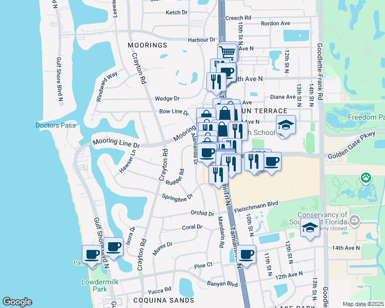 map of restaurants, bars, coffee shops, grocery stores, and more near 2085 Alamanda Drive in Naples