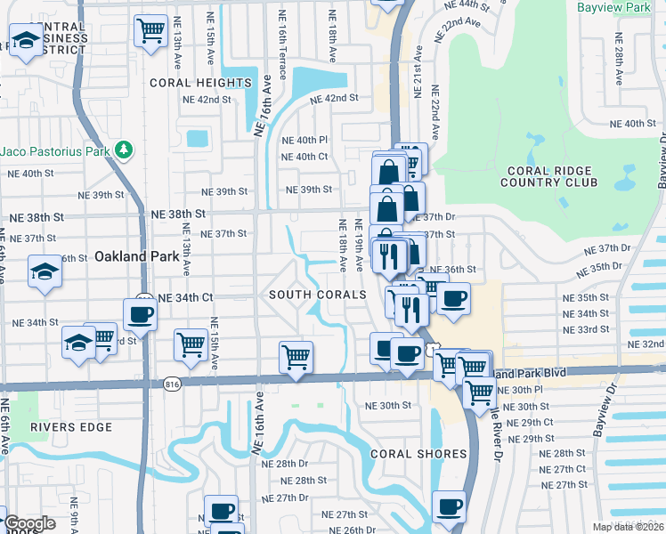 map of restaurants, bars, coffee shops, grocery stores, and more near 1789 Northeast 35th Street in Oakland Park