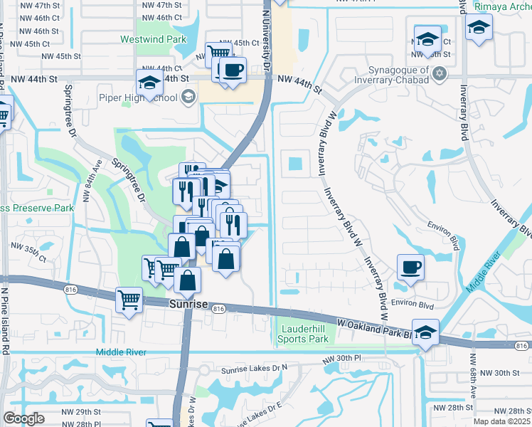 map of restaurants, bars, coffee shops, grocery stores, and more near 3880 Northwest 76th Terrace in Sunrise