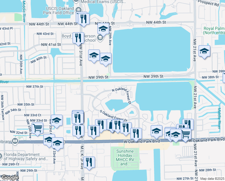 map of restaurants, bars, coffee shops, grocery stores, and more near 2918 North Oakland Forest Drive in Oakland Park