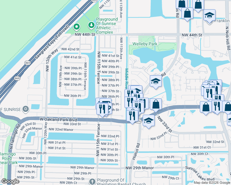 map of restaurants, bars, coffee shops, grocery stores, and more near 11350 Northwest 37th Street in Sunrise