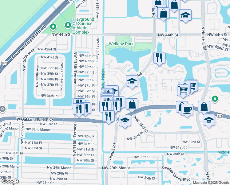 map of restaurants, bars, coffee shops, grocery stores, and more near 11114 Northwest 36th Street in Sunrise