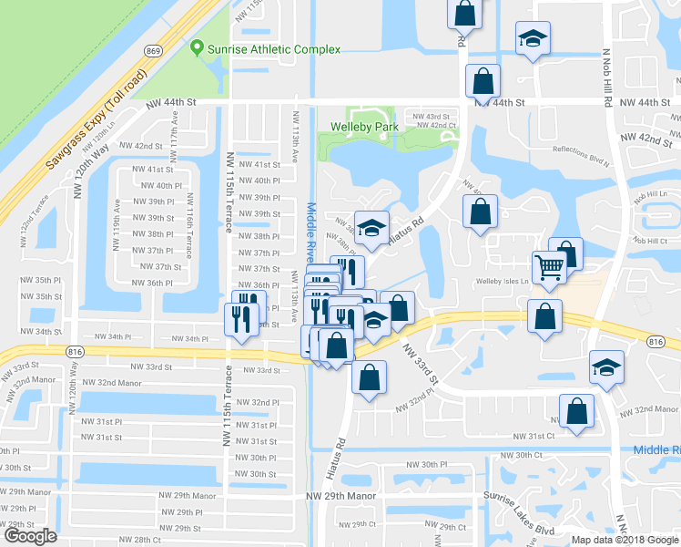 map of restaurants, bars, coffee shops, grocery stores, and more near 11114 Northwest 36th Street in Sunrise