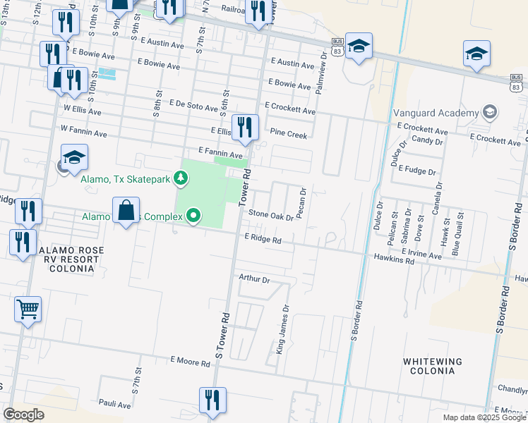 map of restaurants, bars, coffee shops, grocery stores, and more near 822 Mossy Oak Drive in Alamo