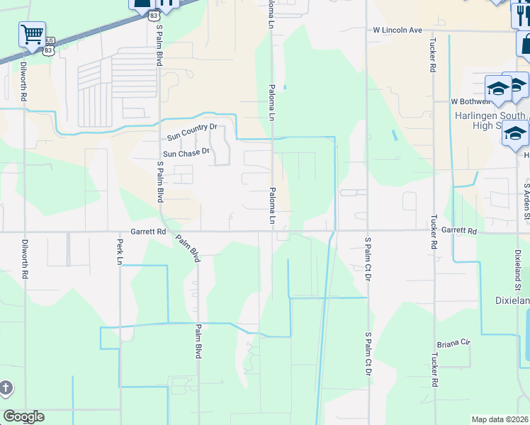 map of restaurants, bars, coffee shops, grocery stores, and more near 26553-26799 Paloma Lane in Harlingen