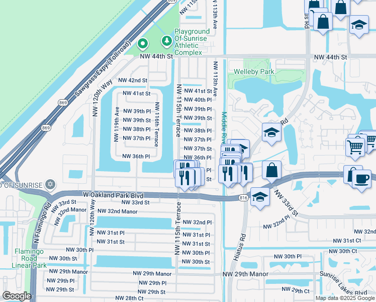 map of restaurants, bars, coffee shops, grocery stores, and more near 11450 Northwest 37th Street in Sunrise