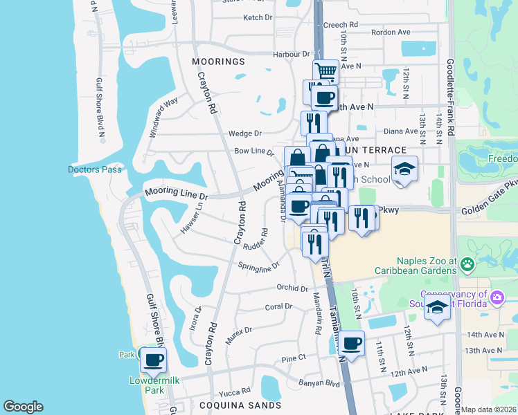 map of restaurants, bars, coffee shops, grocery stores, and more near 2080 Crayton Road in Naples