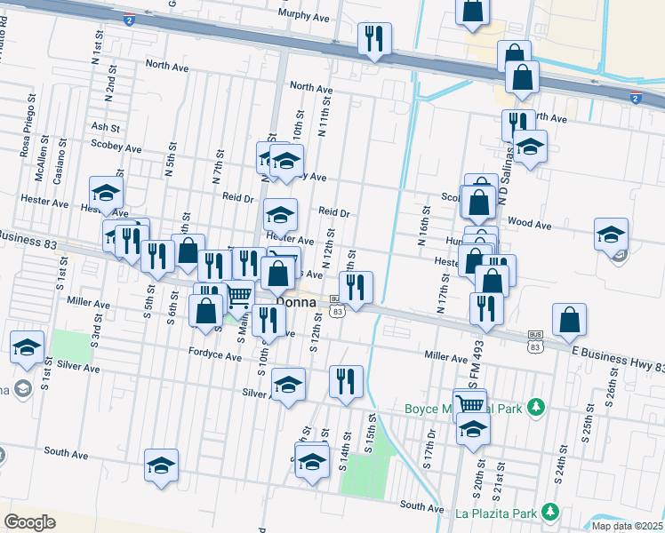 map of restaurants, bars, coffee shops, grocery stores, and more near 104 North 12th Street in Donna