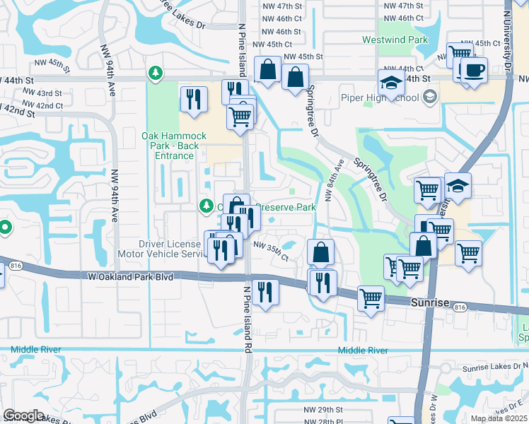map of restaurants, bars, coffee shops, grocery stores, and more near 545 Northwest 37th Street in Sunrise