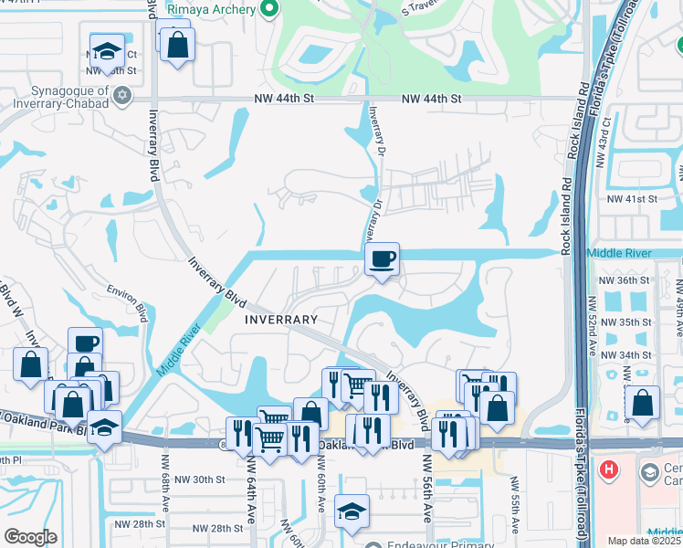 map of restaurants, bars, coffee shops, grocery stores, and more near 3601 Inverrary Drive in Lauderhill