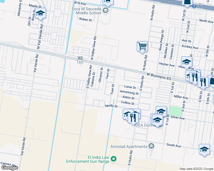 map of restaurants, bars, coffee shops, grocery stores, and more near 408 Travis Ct in Donna