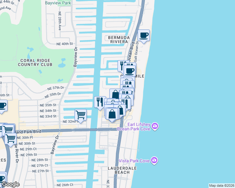 map of restaurants, bars, coffee shops, grocery stores, and more near 3300 Northeast 36th Street in Fort Lauderdale