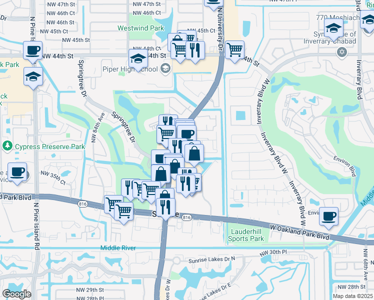 map of restaurants, bars, coffee shops, grocery stores, and more near 3842 North University Drive in Sunrise