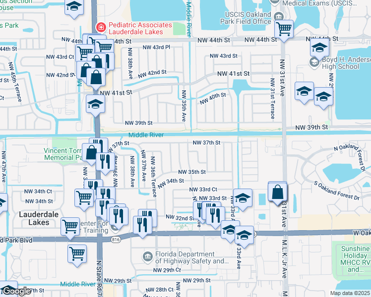 map of restaurants, bars, coffee shops, grocery stores, and more near 3611 Northwest 35th Avenue in Lauderdale Lakes