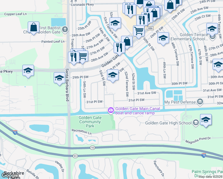 map of restaurants, bars, coffee shops, grocery stores, and more near 3000 53rd Street Southwest in Naples
