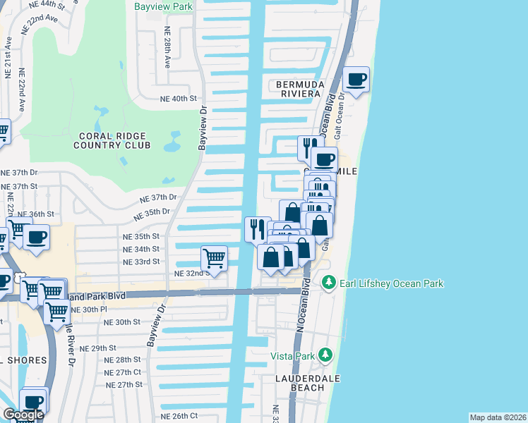 map of restaurants, bars, coffee shops, grocery stores, and more near 3200 Northeast 36th Street in Fort Lauderdale