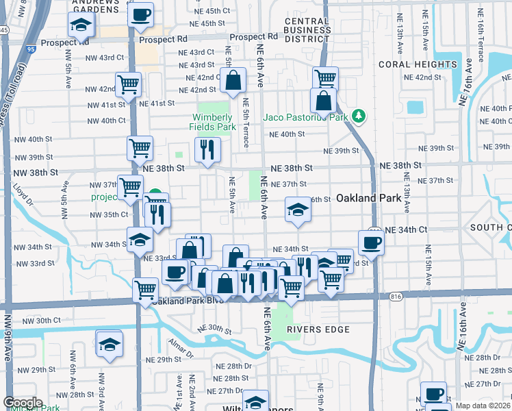map of restaurants, bars, coffee shops, grocery stores, and more near 580 Northeast 36th Street in Oakland Park