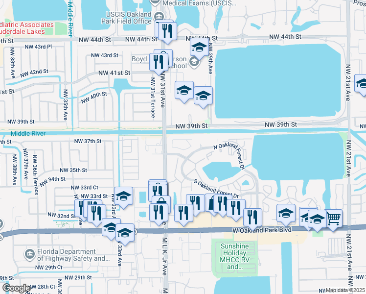 map of restaurants, bars, coffee shops, grocery stores, and more near 3053 North Oakland Forest Drive in Oakland Park