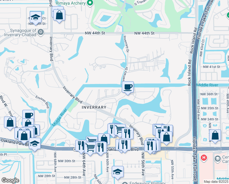 map of restaurants, bars, coffee shops, grocery stores, and more near 3601 Inverrary Drive in Lauderhill