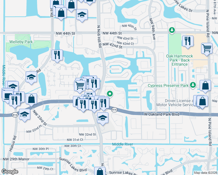 map of restaurants, bars, coffee shops, grocery stores, and more near 3639 Northwest 99th Terrace in Sunrise