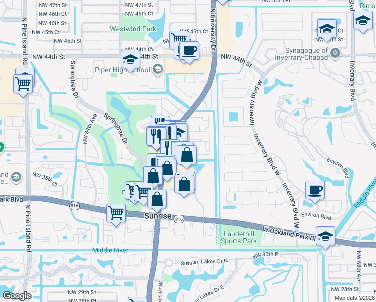 map of restaurants, bars, coffee shops, grocery stores, and more near 3842 North University Drive in Sunrise