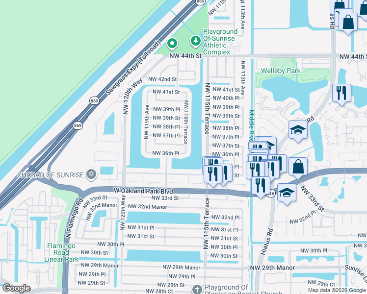 map of restaurants, bars, coffee shops, grocery stores, and more near 11650 Northwest 37th Street in Sunrise
