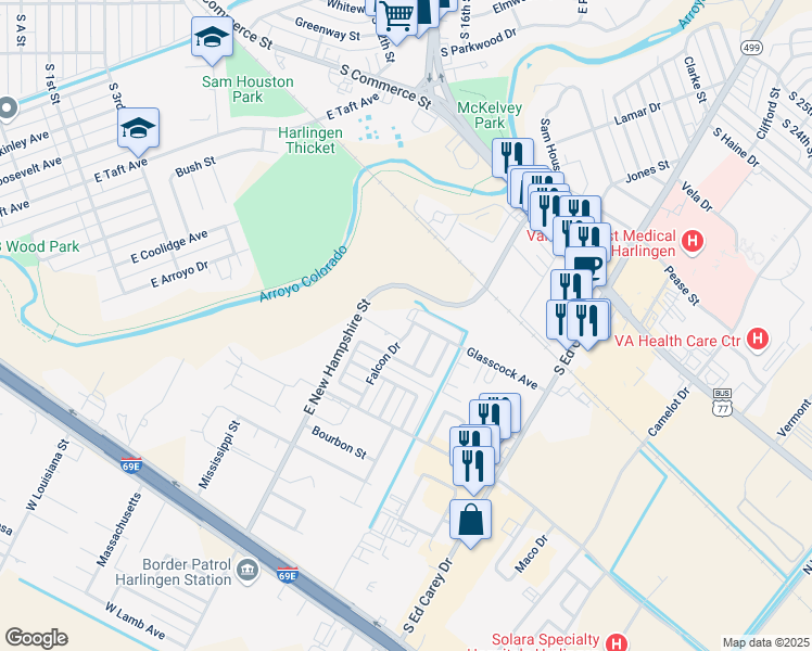 map of restaurants, bars, coffee shops, grocery stores, and more near 1115 Falcon Drive in Harlingen