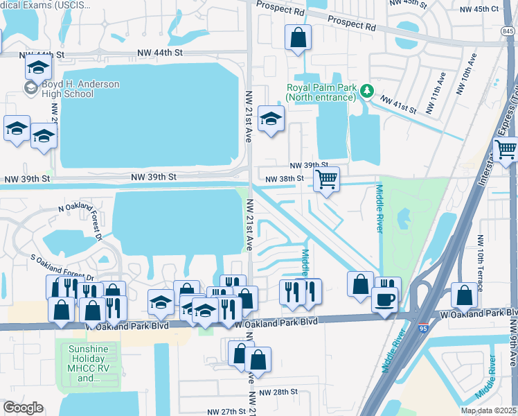 map of restaurants, bars, coffee shops, grocery stores, and more near 2020 Northwest 36th Street in Oakland Park