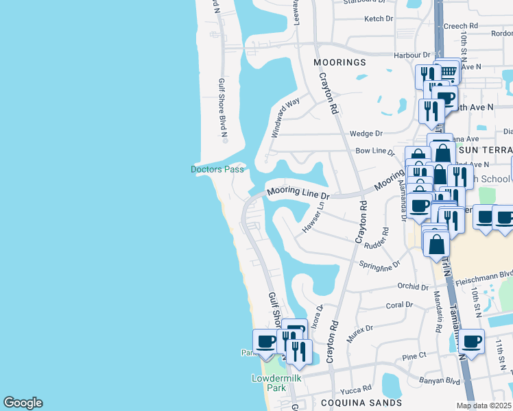 map of restaurants, bars, coffee shops, grocery stores, and more near 2150 Gulf Shore Boulevard North in Naples