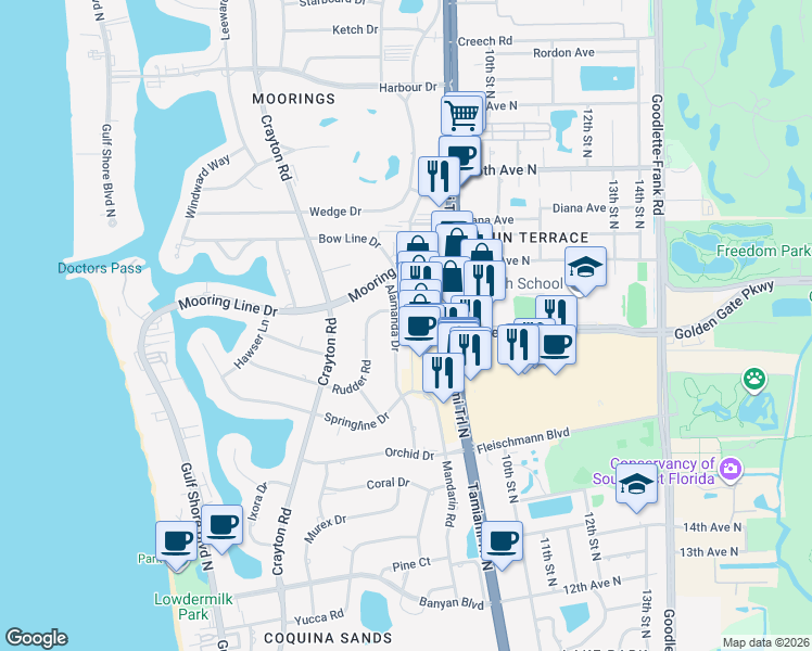 map of restaurants, bars, coffee shops, grocery stores, and more near 2083 9th Street North in Naples