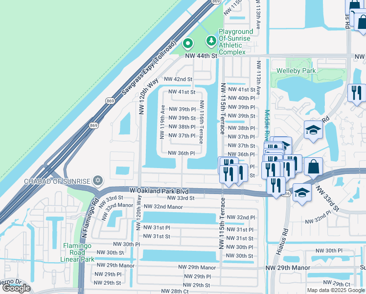 map of restaurants, bars, coffee shops, grocery stores, and more near 11780 Northwest 37th Street in Sunrise