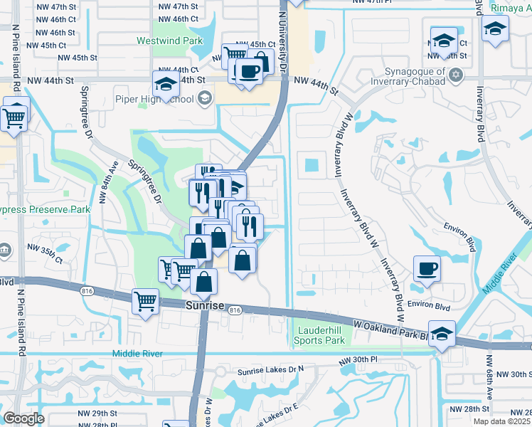 map of restaurants, bars, coffee shops, grocery stores, and more near 38 The Common in Sunrise