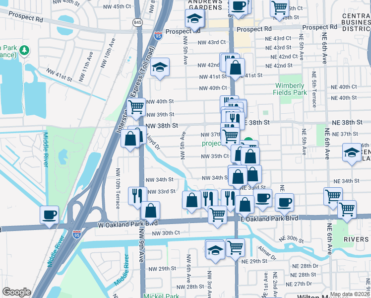 map of restaurants, bars, coffee shops, grocery stores, and more near 470 Northwest 36th Street in Oakland Park