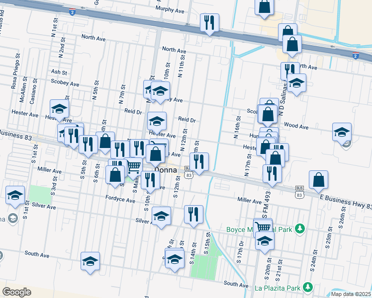 map of restaurants, bars, coffee shops, grocery stores, and more near 104 North 12th Street in Donna