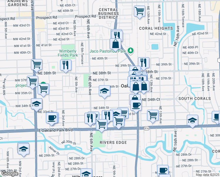 map of restaurants, bars, coffee shops, grocery stores, and more near 846 Northeast 36th Street in Oakland Park
