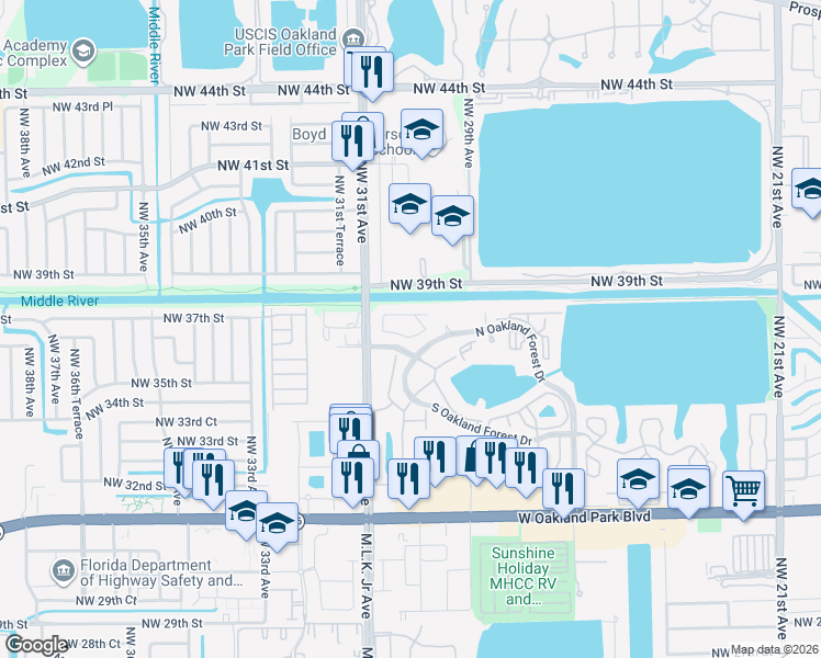 map of restaurants, bars, coffee shops, grocery stores, and more near 3083 North Oakland Forest Drive in Oakland Park