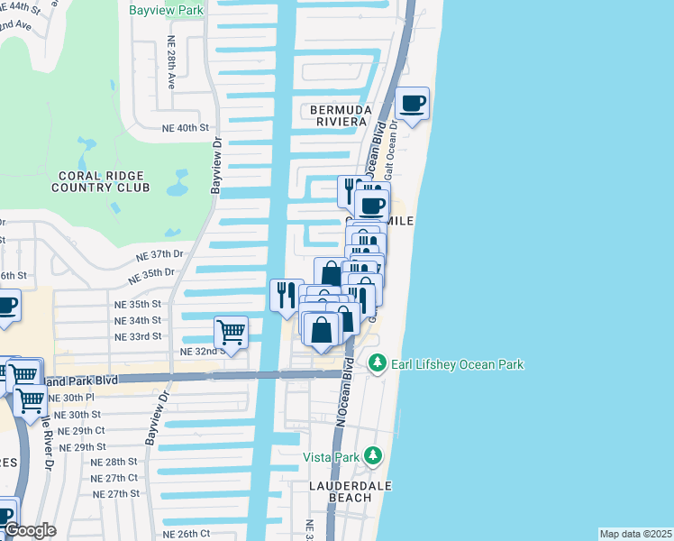 map of restaurants, bars, coffee shops, grocery stores, and more near 3300 Northeast 36th Street in Fort Lauderdale