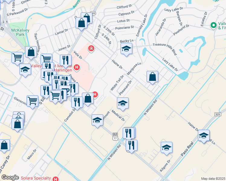 map of restaurants, bars, coffee shops, grocery stores, and more near 1902 White Tail Drive in Harlingen
