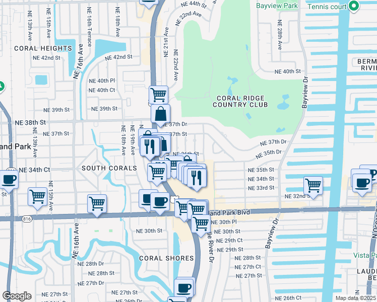map of restaurants, bars, coffee shops, grocery stores, and more near 3600 Northeast 24th Avenue in Fort Lauderdale