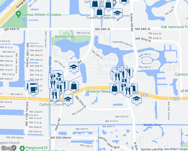 map of restaurants, bars, coffee shops, grocery stores, and more near 10716 Northwest 107th Terrace in Sunrise