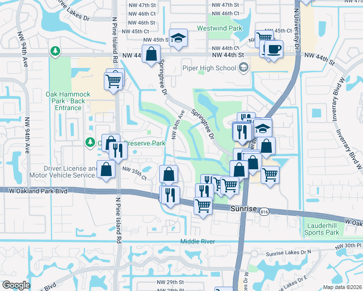 map of restaurants, bars, coffee shops, grocery stores, and more near 8336 Northwest 37th Place in Sunrise