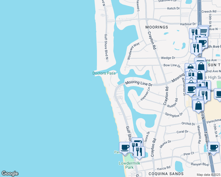 map of restaurants, bars, coffee shops, grocery stores, and more near 2151 Gulf Shore Boulevard North in Naples