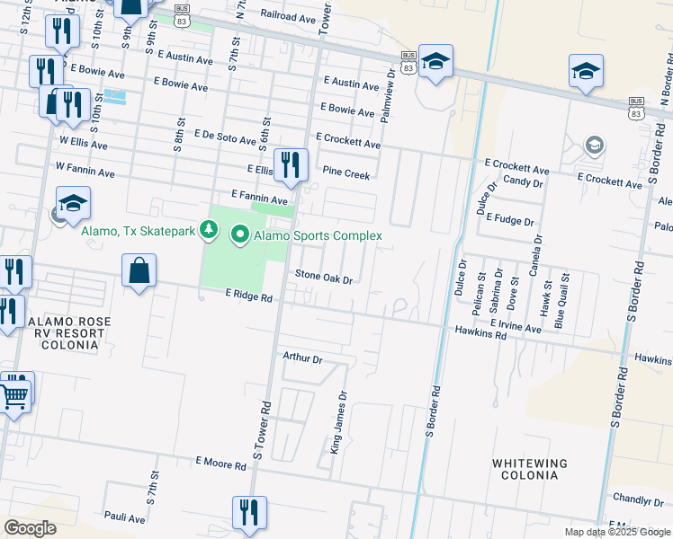map of restaurants, bars, coffee shops, grocery stores, and more near 823 Red Bud Drive in Alamo